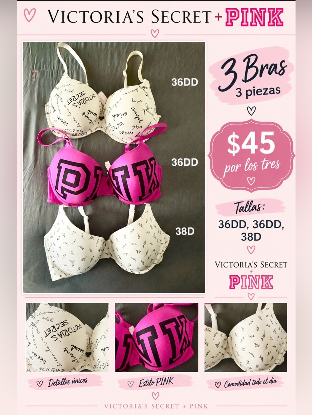 Victoria's Secret PINK 3-Pack Bra Set — Hot Pink & White